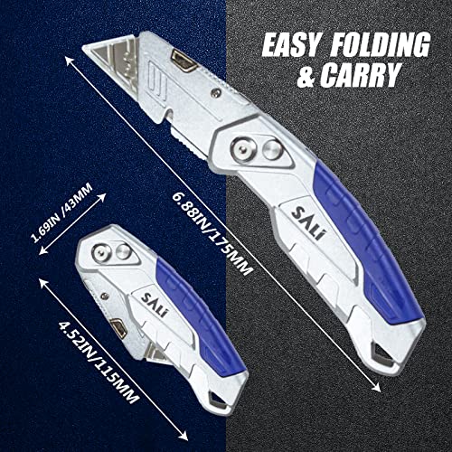 SALI Utility Knife Box Cutter with Rope Cutter Quick Change Blade Mechanism & Aluminum Alloy Handle with 3pcs Extra Blade Heavy Duty Retractable Box Cutter for Cartons