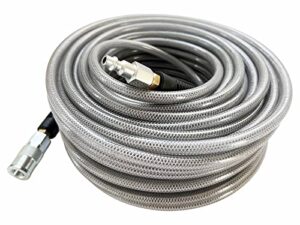 sanfu polyurethane(pu) air hose 1/4-inch x 100ft reinforced, lightweight anti-low temperature 300psi with 1/4” swivel industrial quick coupler and plug, bend restrictor, silver gray(100’)