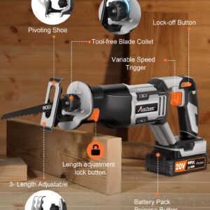 AVID POWER Reciprocating Saw, 20V Cordless Reciprocating Saw with Two 2.0Ah Batteries and Charger, 6 Saw Blades, Variable Speed, Battery Powered Saw for Woods/Metal/Plastic Cutting （Red）