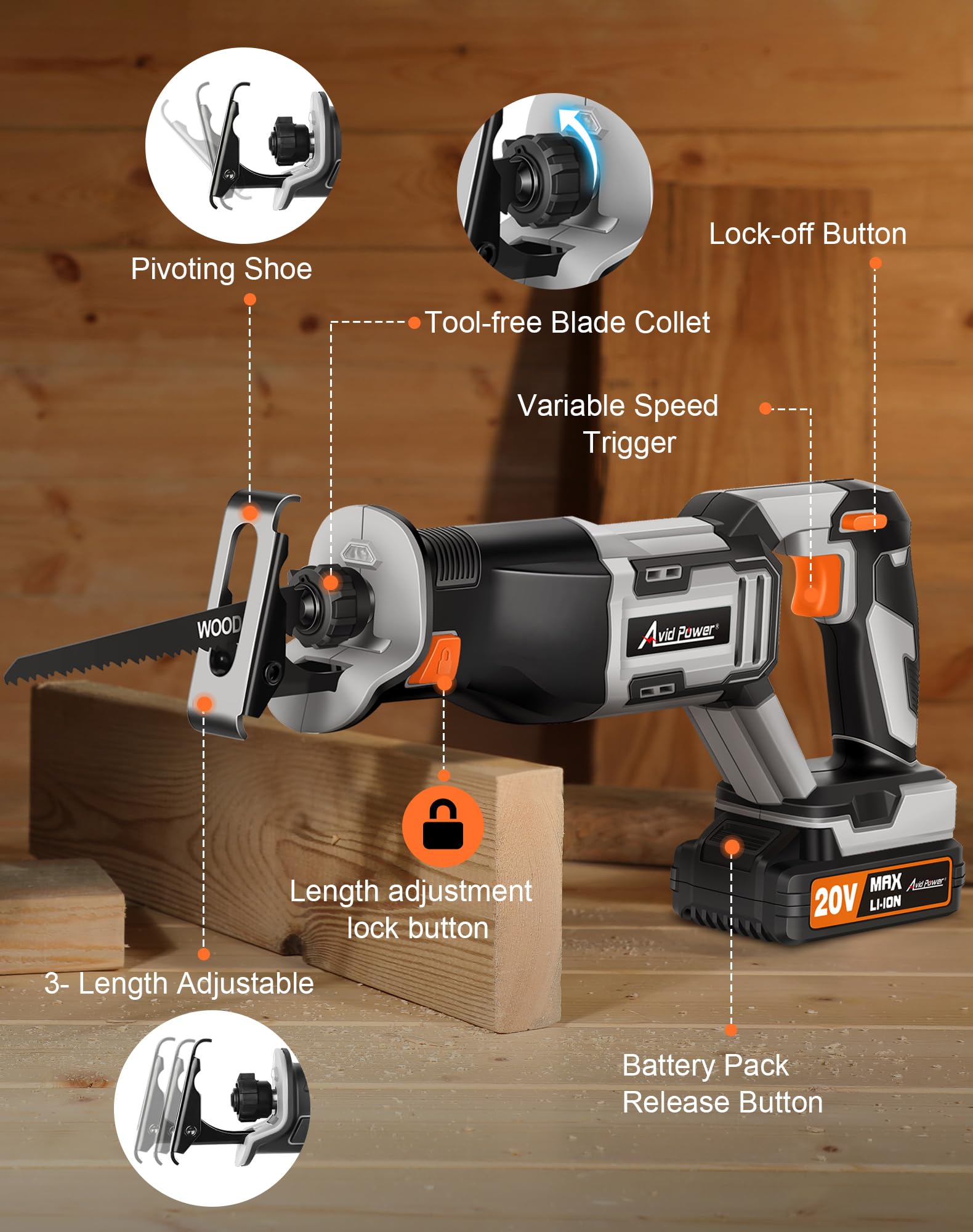 AVID POWER Reciprocating Saw, 20V Cordless Reciprocating Saw with Two 2.0Ah Batteries and Charger, 6 Saw Blades, Variable Speed, Battery Powered Saw for Woods/Metal/Plastic Cutting （Red）