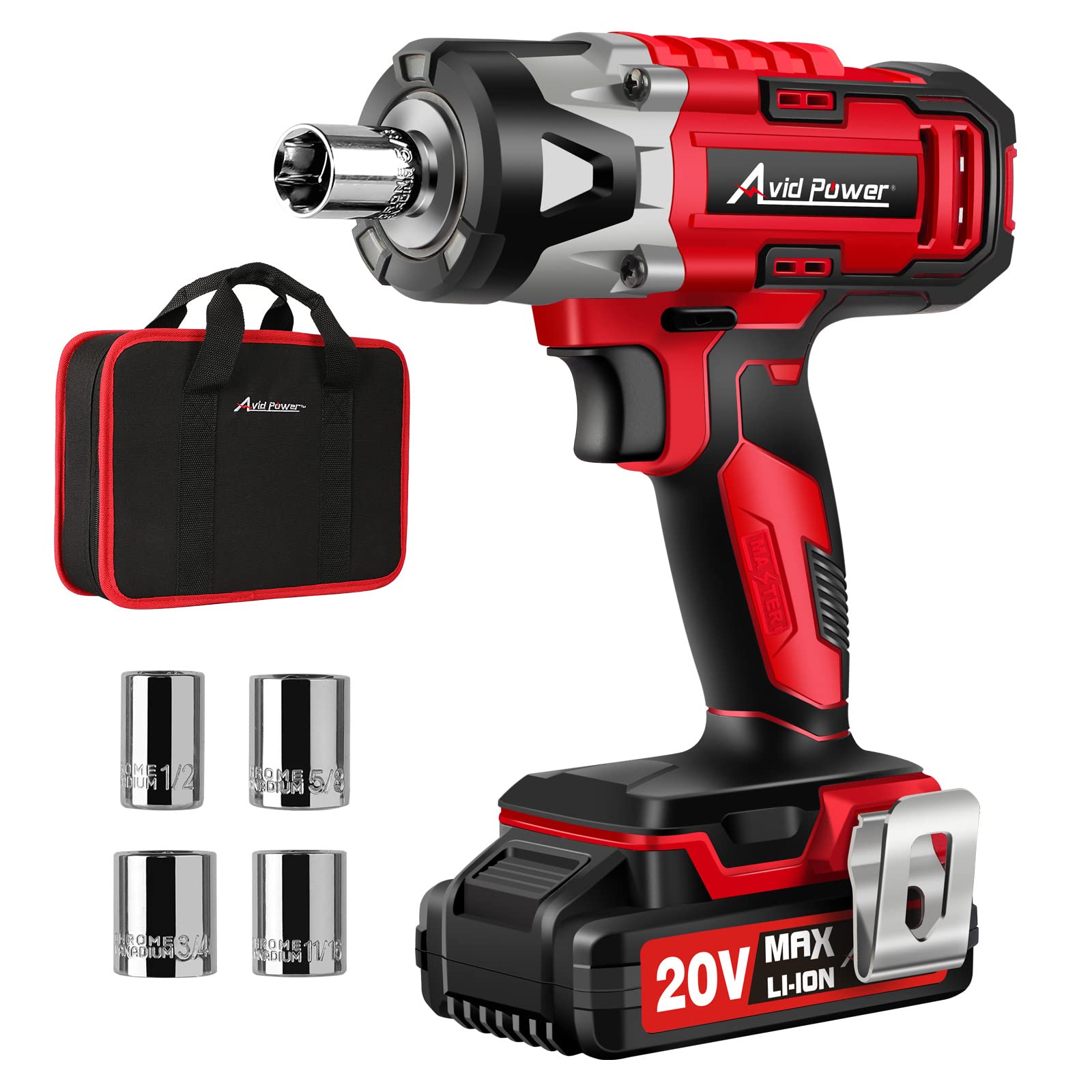 AVID POWER Cordless Impact Wrench, 3/8 Impact Gun w/Max Torque 240 ft-lbs (330N.m), 20V Impact Driver Kit w/ 2.0A Li-ion Battery, 4 Pcs Drive Impact Sockets