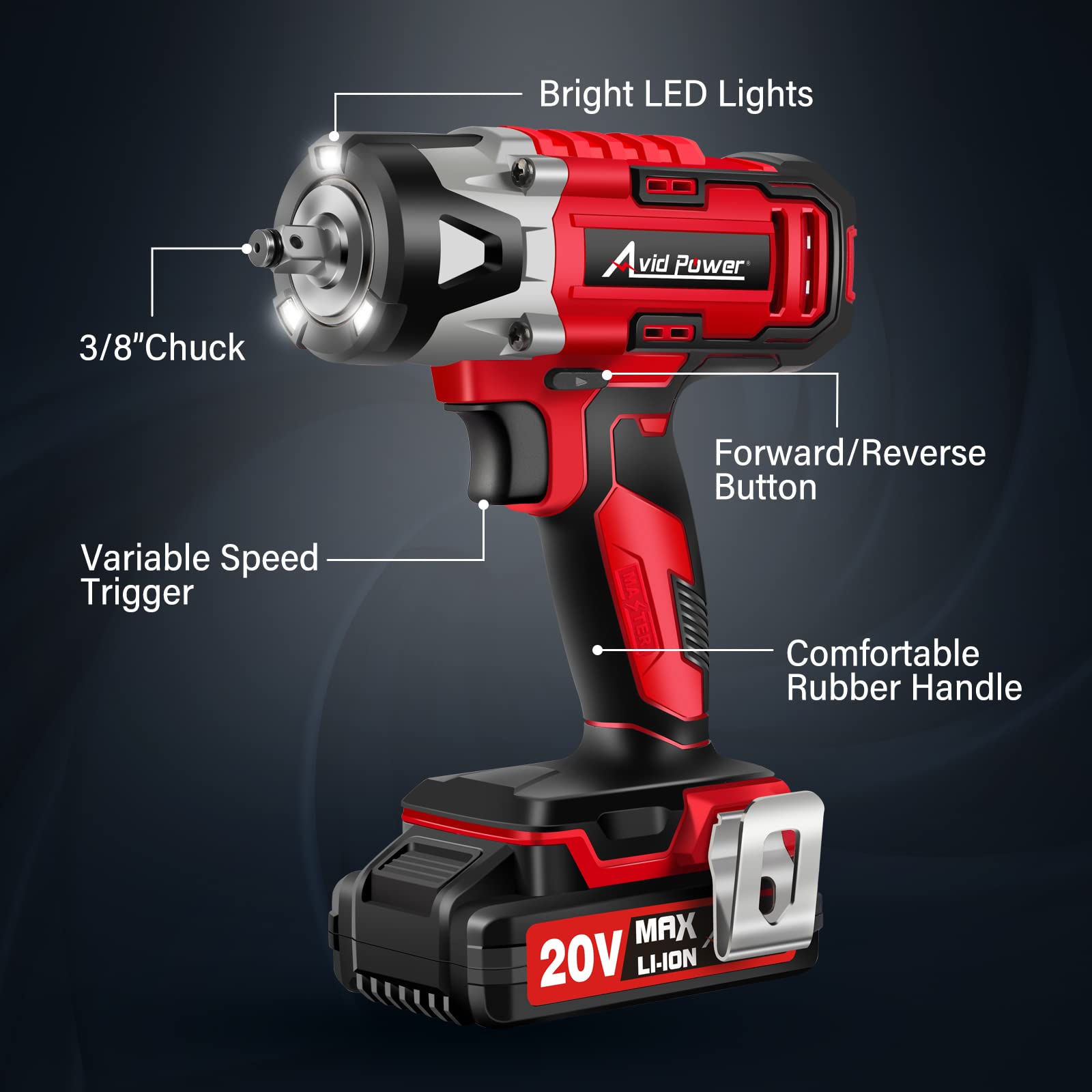 AVID POWER Cordless Impact Wrench, 3/8 Impact Gun w/Max Torque 240 ft-lbs (330N.m), 20V Impact Driver Kit w/ 2.0A Li-ion Battery, 4 Pcs Drive Impact Sockets