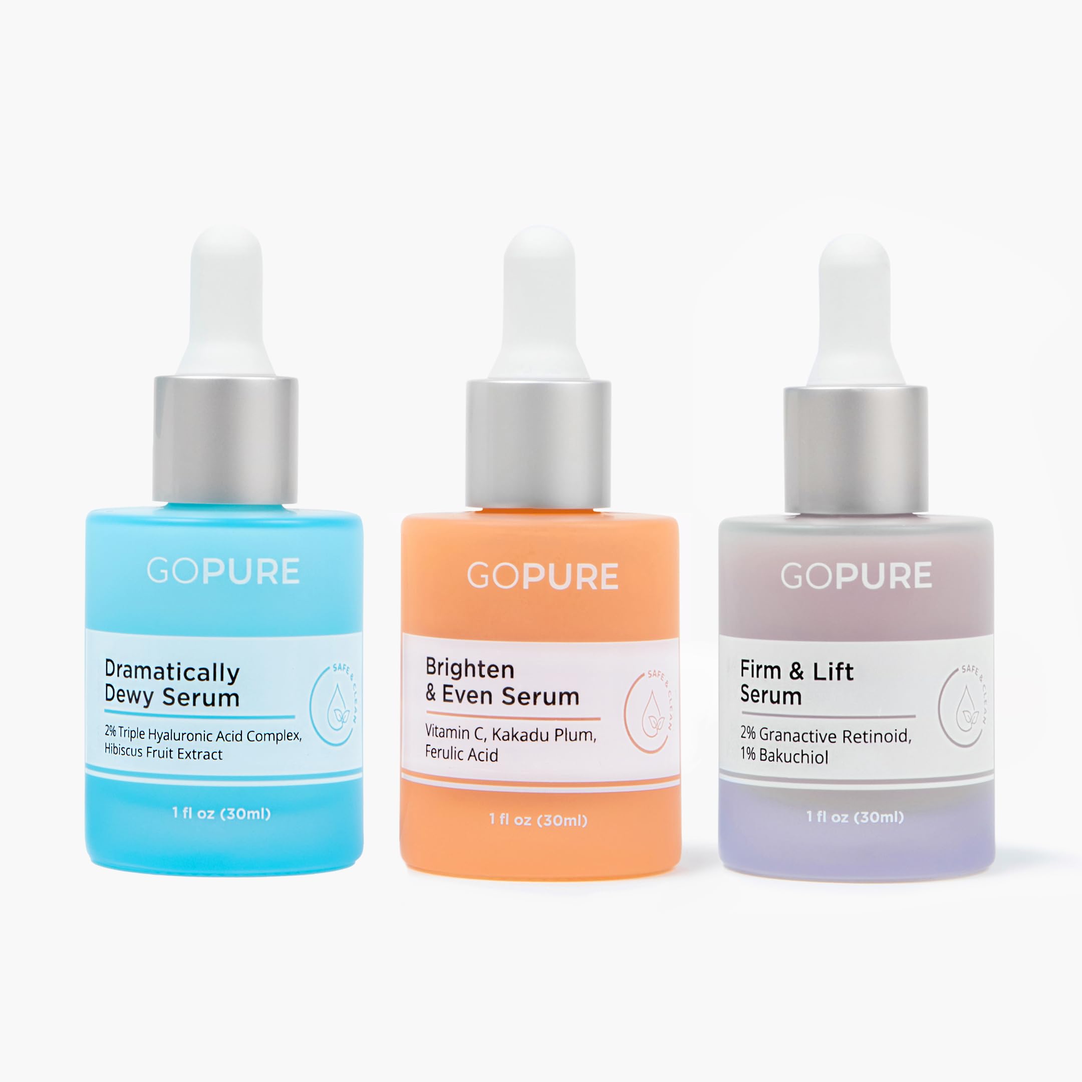 goPure Actives Serum Trio Set - Radiant Vitamin C Serum, Hydrating Hyaluronic Acid Serum, Retinol and Bakuchiol Serum for Visibly Bright, Smooth, and Firm Looking Skin - Set of 3, 1.0 fl oz