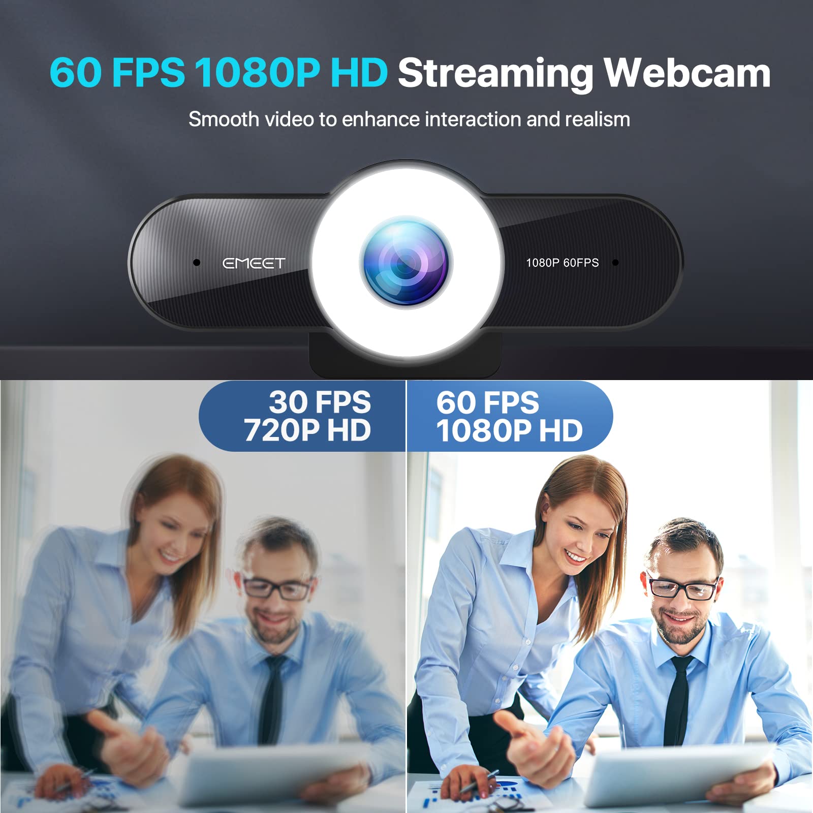 EMEET 1080P Webcam with Microphone - 60FPS Streaming Camera with Light, 3 Level Lights, 2 Noise-Cancelling Mics, C970L Computer Camera with Privacy Mode, Autofocus HD Webcam for Meeting/Gaming/Class