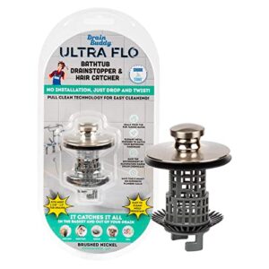 drain buddy ultra flo no installation clog preventing 2 in 1 tub drain stopper and hair catcher for 1 3/8" to 1.5" bathroom tubs and utility sinks (brushed nickel) shark tank strainer snare