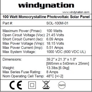 WindyNation 100 Watt 12 Volt Monocrystalline Solar Panel Battery Charger for RV, Boat, Cabin, Off-Grid Applications