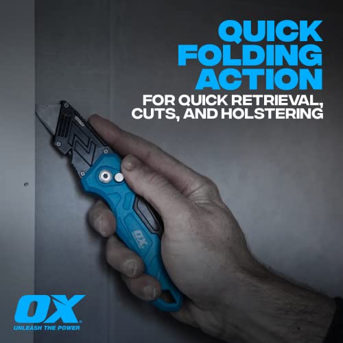 OX Tools Pro Heavy Duty Fixed Blade Folding Knife w/Easy Change Blade Button - Quick Fold Action & Strong Lightweight Construction | Includes 3 Replacement Blades