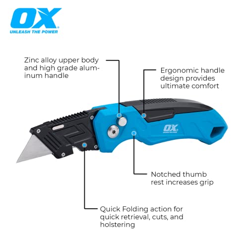 OX Tools Pro Heavy Duty Fixed Blade Folding Knife w/Easy Change Blade Button - Quick Fold Action & Strong Lightweight Construction | Includes 3 Replacement Blades