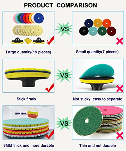 19PCS Diamond Polishing Pads 4 Inch Granite Stone Polish Kit, 50# - 3000# Grit with 5/8"-11 Backer Pad for Granite Stone Concrete Marble Floor Polishing