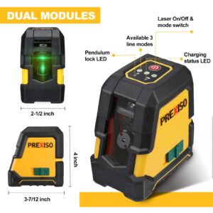 PREXISO Laser Level Self Leveling - 100Ft Rechargeable Cross Line Laser, Green Line leveler Tool for Construction, Floor Tile, Home Renovation with Magnetic Pivoting Base, Target Plate & Portable Bag