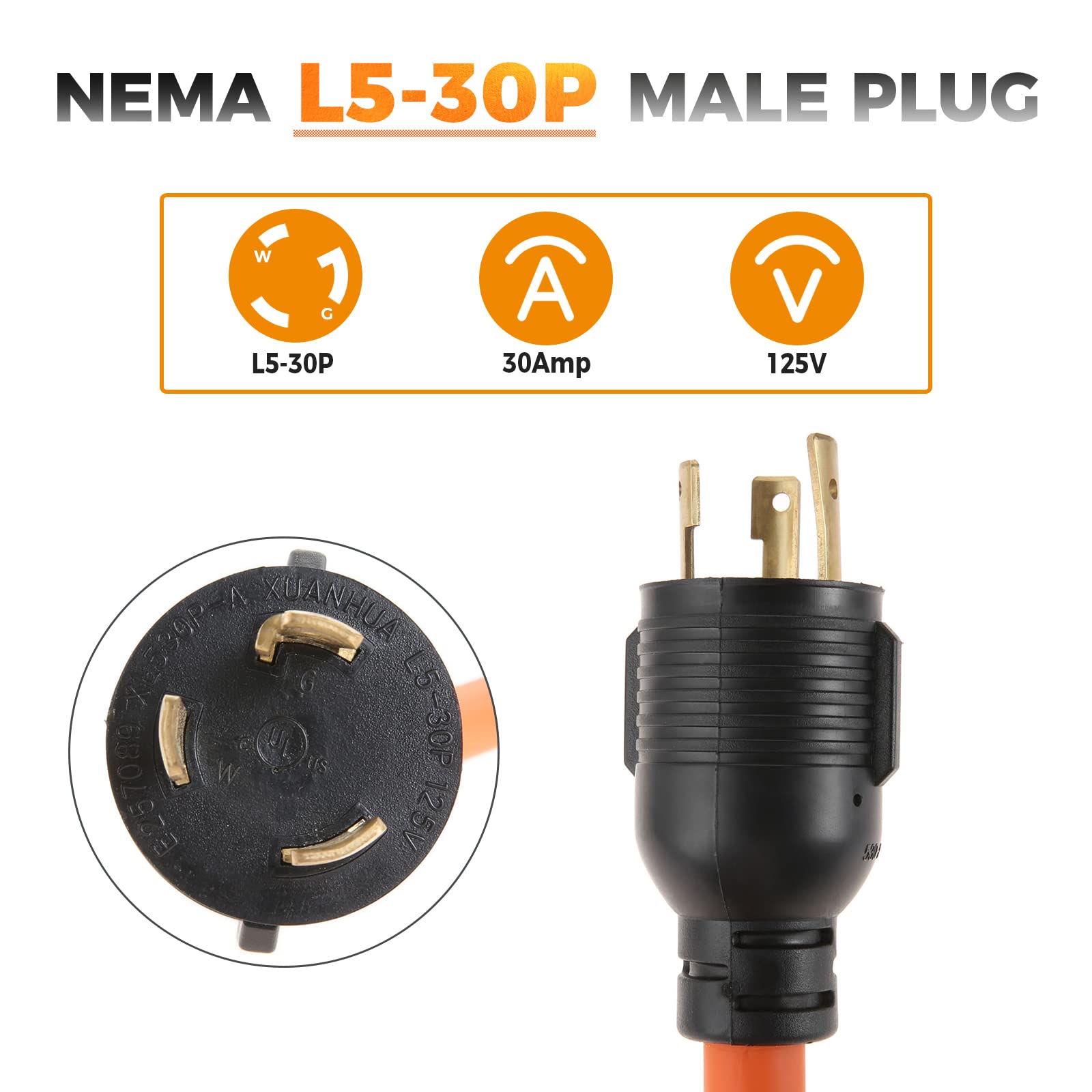 30 Amp to 110 Adapter Generator Power Cord, 3 Prong 30 Amp to 15 Amp or 20 Amp Generator Adapter, NEMA L5-30P Male to 3 x 5-15/20R Female with Lighted End, 1.5 FT