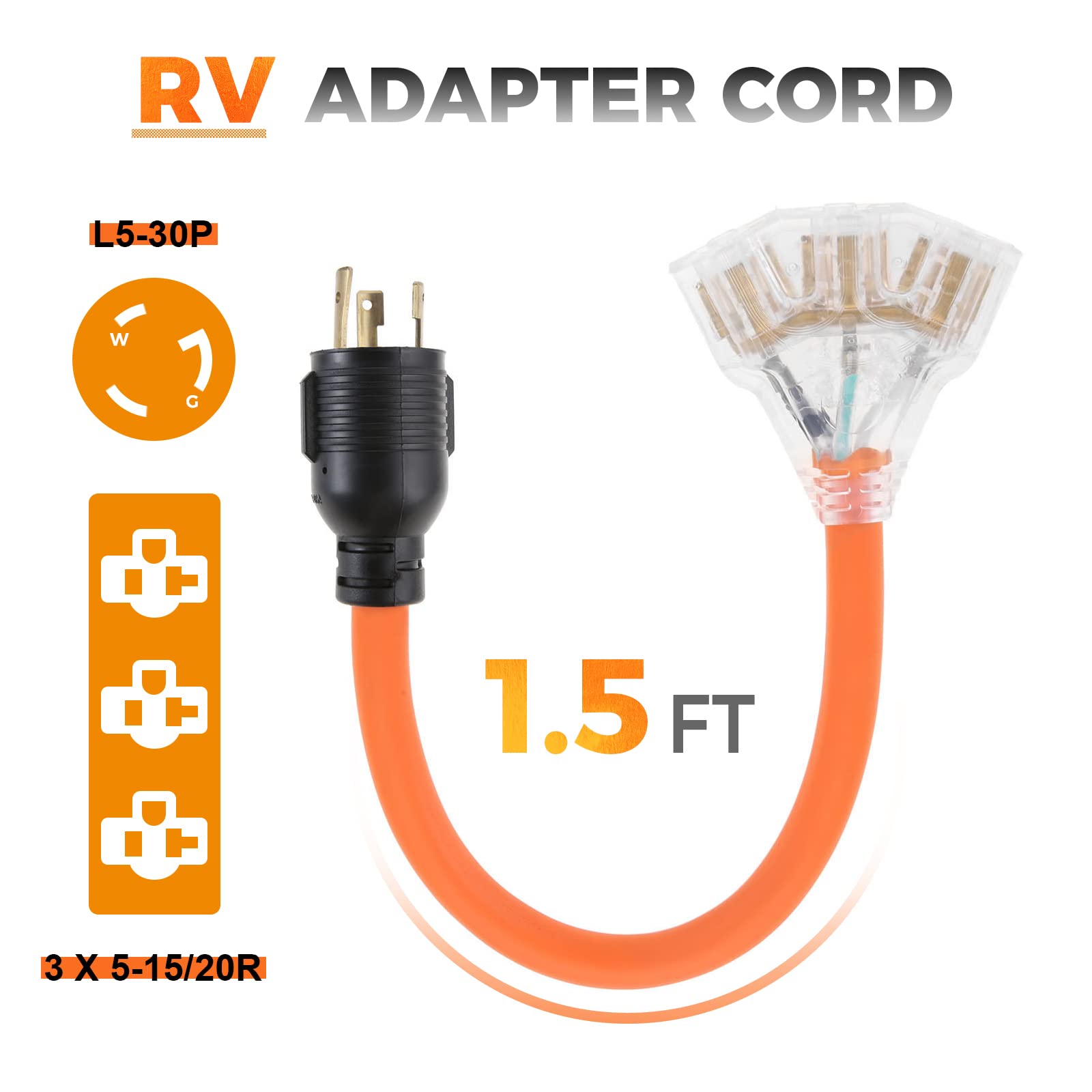 30 Amp to 110 Adapter Generator Power Cord, 3 Prong 30 Amp to 15 Amp or 20 Amp Generator Adapter, NEMA L5-30P Male to 3 x 5-15/20R Female with Lighted End, 1.5 FT