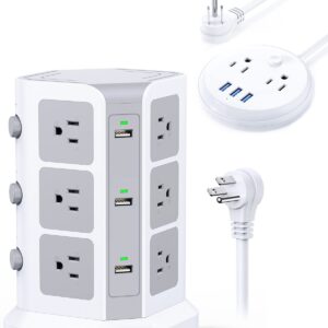 Surge Protector Tower 12 AC Outlets 6 USB Ports + Small Power Strip 2 AC Outlets 3 USBs