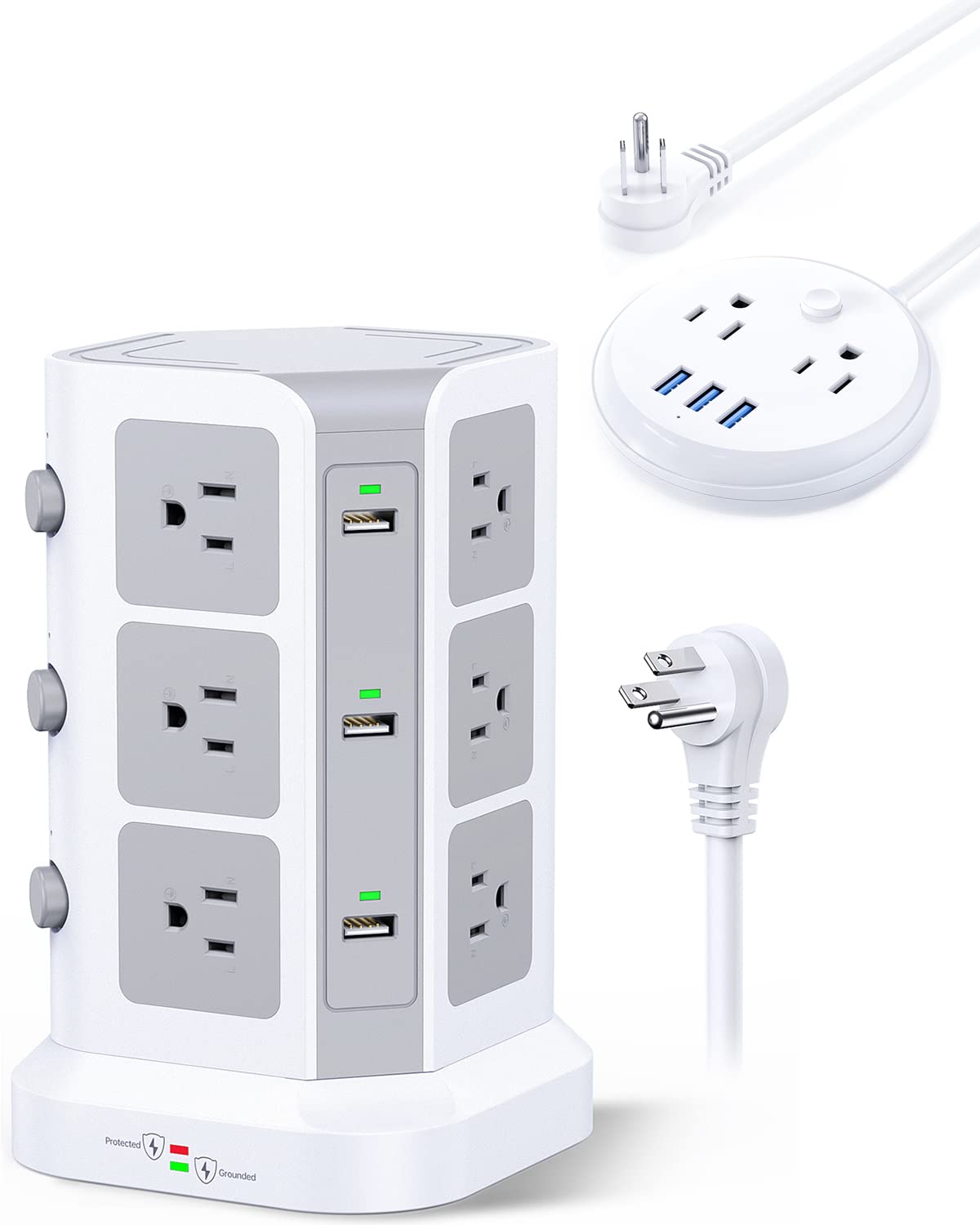 Surge Protector Tower 12 AC Outlets 6 USB Ports + Small Power Strip 2 AC Outlets 3 USBs