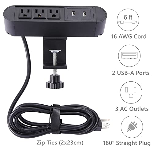 Desk Power Strip Surge Protector, 6Ft Extension Cord Desk Clamp Power Strip with USB Ports, 3AC Outlets for Home, Office, Black