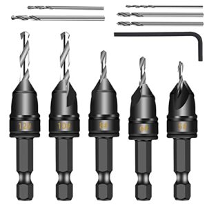 11 pcs 82° countersink drill bit set #5, 6, 8, 10, 12 with 5 replacement dril bits and 1 wrench, 3/8" quick-change -chamfered adjustable drilling tool kit on pilot counter sink holes for woodworking