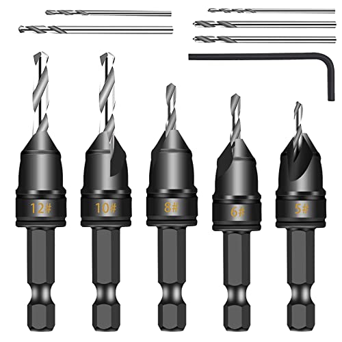 11 Pcs 82° Countersink Drill Bit Set #5, 6, 8, 10, 12 with 5 Replacement Dril bits and 1 Wrench, 3/8" Quick-Change -Chamfered Adjustable Drilling Tool Kit on Pilot Counter Sink Holes for Woodworking