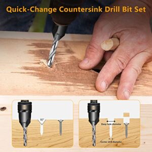 11 Pcs 82° Countersink Drill Bit Set #5, 6, 8, 10, 12 with 5 Replacement Dril bits and 1 Wrench, 3/8" Quick-Change -Chamfered Adjustable Drilling Tool Kit on Pilot Counter Sink Holes for Woodworking