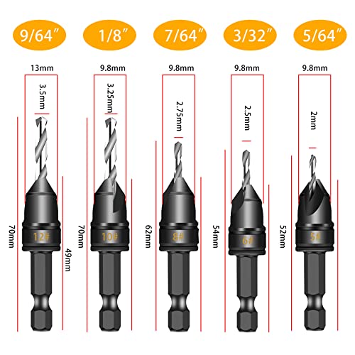 11 Pcs 82° Countersink Drill Bit Set #5, 6, 8, 10, 12 with 5 Replacement Dril bits and 1 Wrench, 3/8" Quick-Change -Chamfered Adjustable Drilling Tool Kit on Pilot Counter Sink Holes for Woodworking