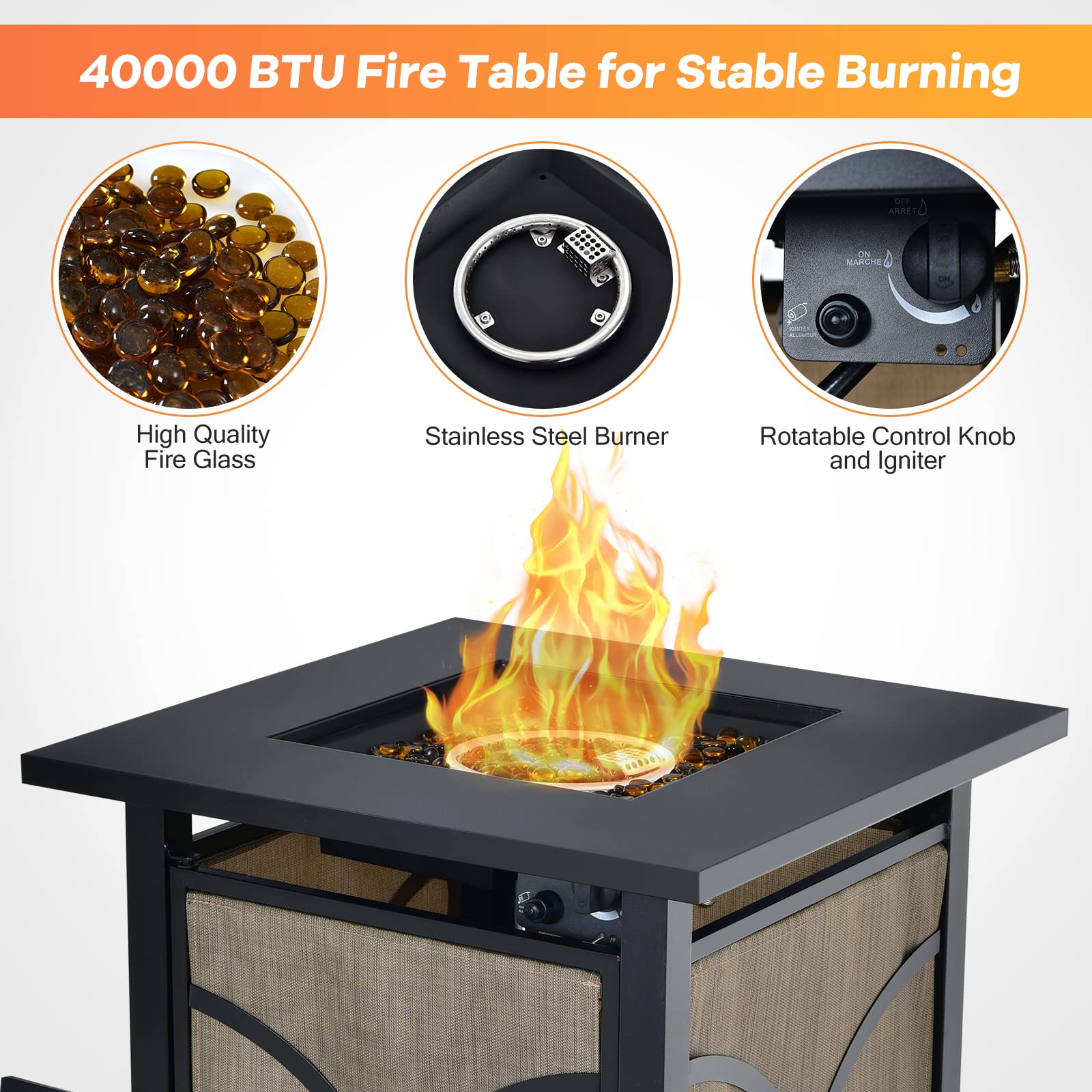 Giantex 25-Inch Propane Fire Pit Table, 40000 BTU Square Gas Firepit Table with Lid, Fire Glass and Adjustable Flame, CSA Approved, 2-in-1 Outdoor Fire Table for Patio and Garden