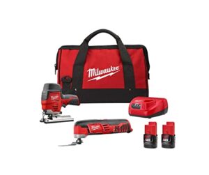 milwaukee m12 12-volt lithium-ion cordless jigsaw and oscillating multi-tool kit with two 1.5ah batteries, charger and tool bag