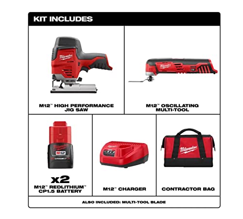 Milwaukee M12 12-Volt Lithium-Ion Cordless Jigsaw and Oscillating Multi-Tool Kit with Two 1.5Ah Batteries, Charger and Tool Bag