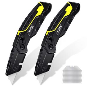 kata 2-pack folding utility knife, heavy duty box cutter for cartons, cardboard and boxes, extra 10 blades included, blade storage design, quick change blades