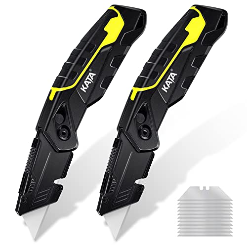 KATA 2-PACK Folding Utility Knife, Heavy Duty Box Cutter for Cartons, Cardboard and Boxes, Extra 10 Blades Included, Blade Storage Design, Quick Change Blades