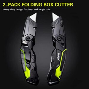 KATA 2-PACK Folding Utility Knife, Heavy Duty Box Cutter for Cartons, Cardboard and Boxes, Extra 10 Blades Included, Blade Storage Design, Quick Change Blades