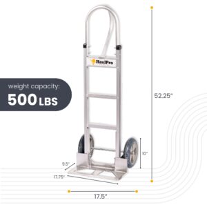 HaulPro Heavy Duty Hand Truck with Vertical Loop Handle - Aluminum Dolly Cart for Moving - 500 Pound Capacity - 10" Rubber Wheels - 52.25" H x 17.5" W with 17.75" x 9.5" Diecast Nose Plate