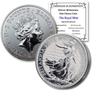 2022 1 oz silver britannia coin brilliant uncirculated (bu) with a certificate of authenticity £2 mint state