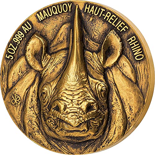 2019 DE Big Five Mauquoy PowerCoin Rhino 5 Oz Gold Coin 10000 Francs Ivory Coast 2019 Antique Finish