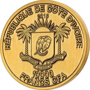 2019 DE Big Five Mauquoy PowerCoin Rhino 5 Oz Gold Coin 10000 Francs Ivory Coast 2019 Antique Finish