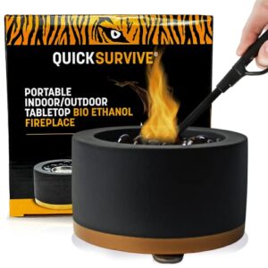 quicksurvive indoor/outdoor tabletop fire pit | portable tabletop fire pit fueled by rubbing alcohol | table decor and marshmallow roasting | easy to transport | black + brown stones