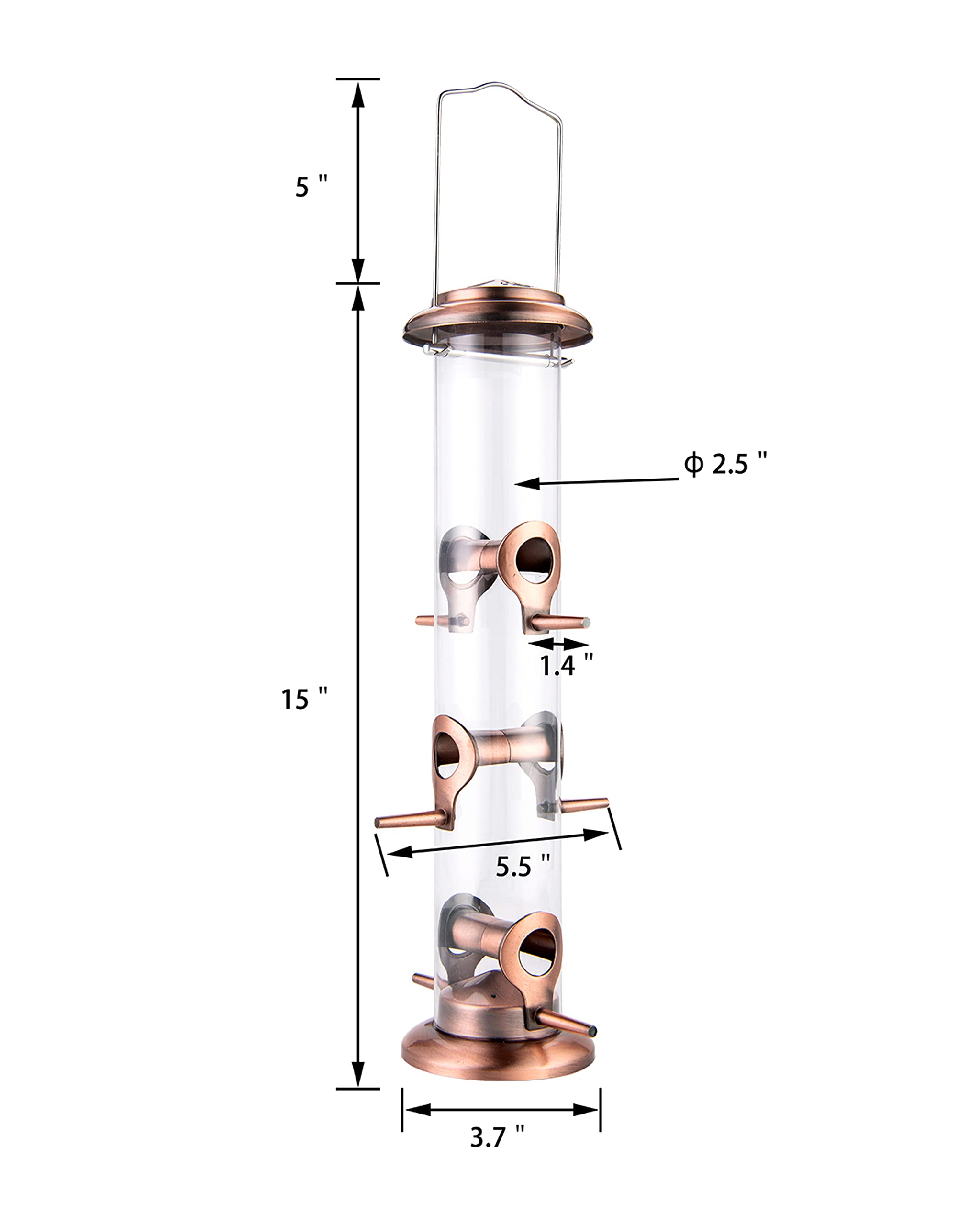 iBorn Metal Bird Feeders Brushed Copper Wild Bird Feeder for Outdoors Hanging All Metal Brushed Copper Finishing 14 Inch 6 Port(Seed is not Included)