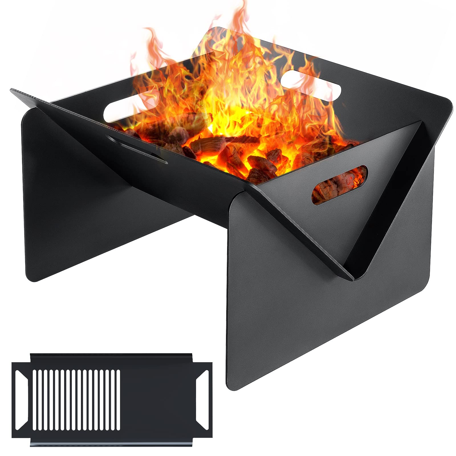 Adreak 18 inch Fire Pit, Outdoor Portable Firepit with BBQ Tray, Detachable Camping Steel Fire Pits for Backyard, Patio, Picnic, Bonfire, Garden (Black-Small)