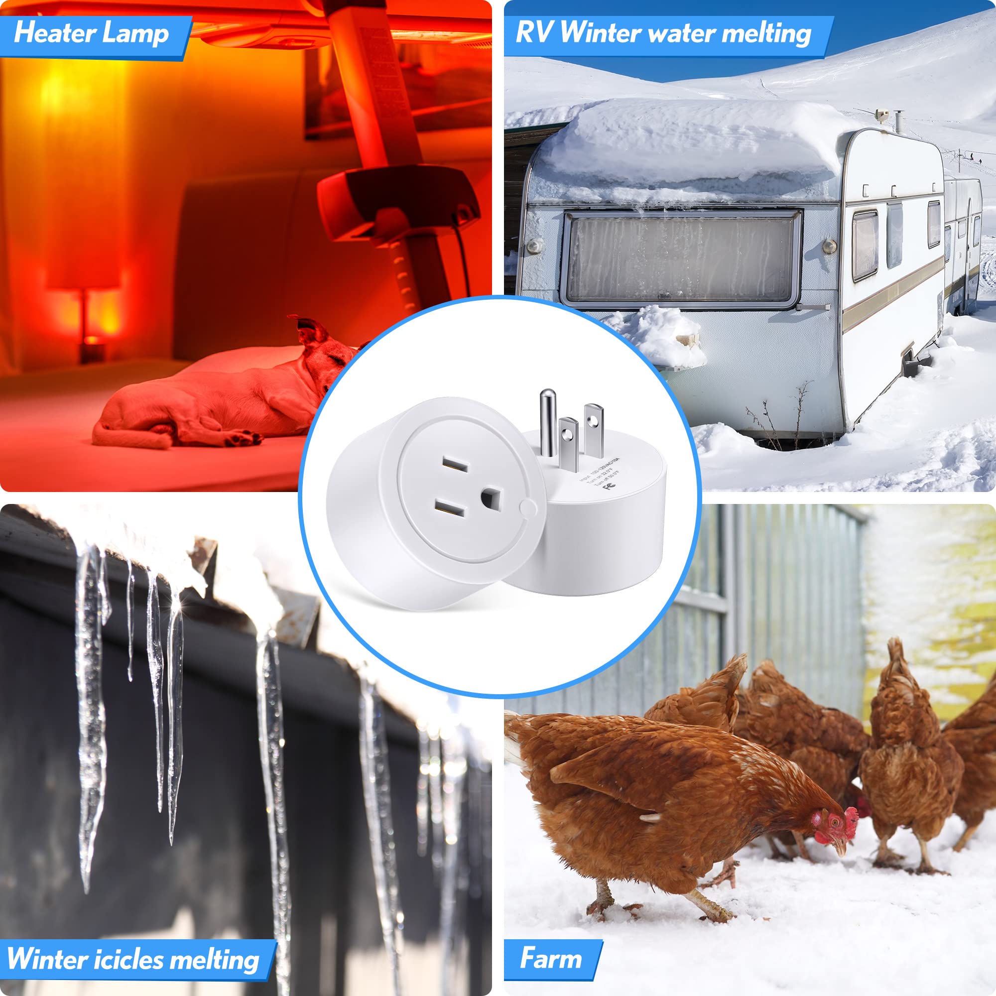 Feekoon Cold Weather Thermostatically Controlled Outlet On at 32-Degrees to 50-Degrees for Pond De-icers, Farm, RV (2)