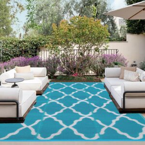 OutdoorLines Outdoor Plastic Area Rugs for Patio 4x6 ft - Reversible Outside Carpet, Stain & UV Resistant RV Mats, Straw Rug for Camping, Deck Garden, Porch and Balcony, Moroccan Teal & Light Grey