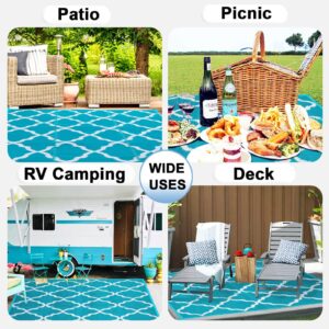 OutdoorLines Outdoor Plastic Area Rugs for Patio 4x6 ft - Reversible Outside Carpet, Stain & UV Resistant RV Mats, Straw Rug for Camping, Deck Garden, Porch and Balcony, Moroccan Teal & Light Grey