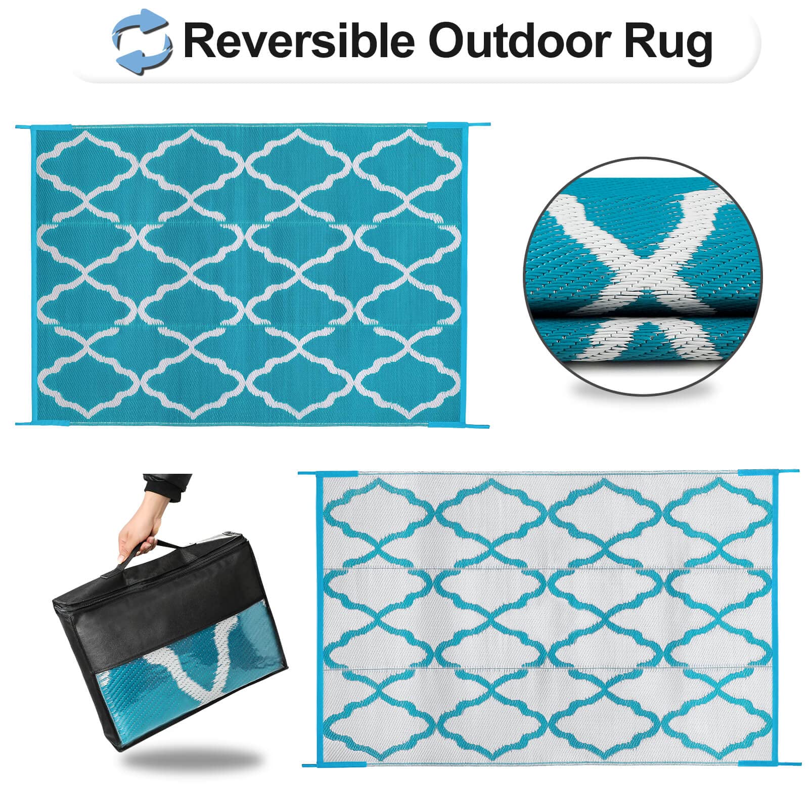 OutdoorLines Outdoor Plastic Area Rugs for Patio 4x6 ft - Reversible Outside Carpet, Stain & UV Resistant RV Mats, Straw Rug for Camping, Deck Garden, Porch and Balcony, Moroccan Teal & Light Grey