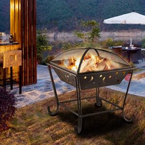 VEVOR BBQ Grill Fire Bowl, 24"x24" Wood Burning Pit, Solid Steel Wood Fire Pits, Wood Fire Pits Outdoor w/Spark Screen Cover, Fire Pits for Outside w/Stainless Steel Baking Net for Baking & Warming