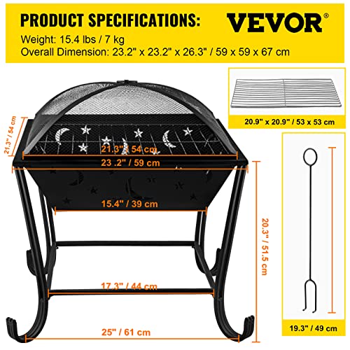 VEVOR BBQ Grill Fire Bowl, 24"x24" Wood Burning Pit, Solid Steel Wood Fire Pits, Wood Fire Pits Outdoor w/Spark Screen Cover, Fire Pits for Outside w/Stainless Steel Baking Net for Baking & Warming