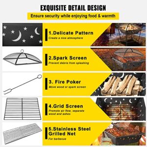 VEVOR BBQ Grill Fire Bowl, 24"x24" Wood Burning Pit, Solid Steel Wood Fire Pits, Wood Fire Pits Outdoor w/Spark Screen Cover, Fire Pits for Outside w/Stainless Steel Baking Net for Baking & Warming