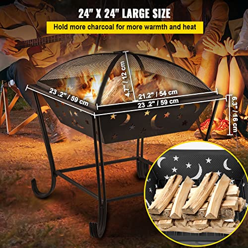 VEVOR BBQ Grill Fire Bowl, 24"x24" Wood Burning Pit, Solid Steel Wood Fire Pits, Wood Fire Pits Outdoor w/Spark Screen Cover, Fire Pits for Outside w/Stainless Steel Baking Net for Baking & Warming