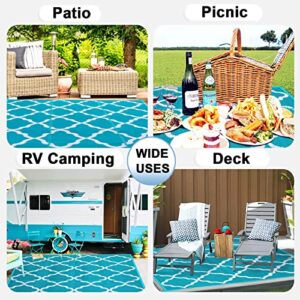 OutdoorLines Outdoor Plastic Area Rugs for Patio 5x8 ft - Reversible Outside Carpet, Stain & UV Resistant RV Mats, Straw Rug for Camping, Deck Garden, Porch and Balcony, Moroccan Teal & Light Grey