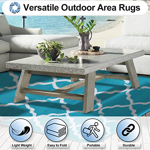 OutdoorLines Outdoor Plastic Area Rugs for Patio 5x8 ft - Reversible Outside Carpet, Stain & UV Resistant RV Mats, Straw Rug for Camping, Deck Garden, Porch and Balcony, Moroccan Teal & Light Grey