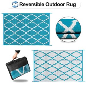 OutdoorLines Outdoor Plastic Area Rugs for Patio 5x8 ft - Reversible Outside Carpet, Stain & UV Resistant RV Mats, Straw Rug for Camping, Deck Garden, Porch and Balcony, Moroccan Teal & Light Grey