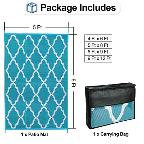 OutdoorLines Outdoor Plastic Area Rugs for Patio 5x8 ft - Reversible Outside Carpet, Stain & UV Resistant RV Mats, Straw Rug for Camping, Deck Garden, Porch and Balcony, Moroccan Teal & Light Grey