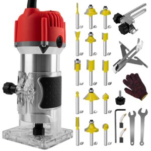 Compact Wood Router Tool 110V Electric Hand Woodworking Trimmer Palm Router kit with Gloves 15 PCS Router Bits (800W)