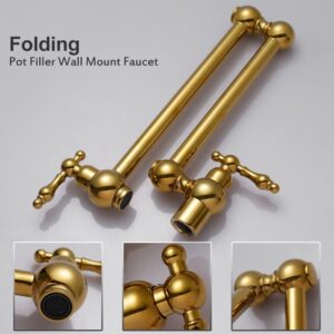 KATAIS Wall Mount Copper Pot Filler Faucet Rotatable Golden Kitchen Brass Faucet Single Hole 2 Handle Stretchable Double Joint Swing Arm Folding Faucet